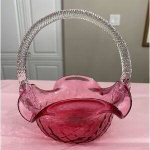 VTG ROSSI CRANBERRY GLASS BASKET WITH WEAVE PATTERN AND CLEAR BRAIDED HANDLES